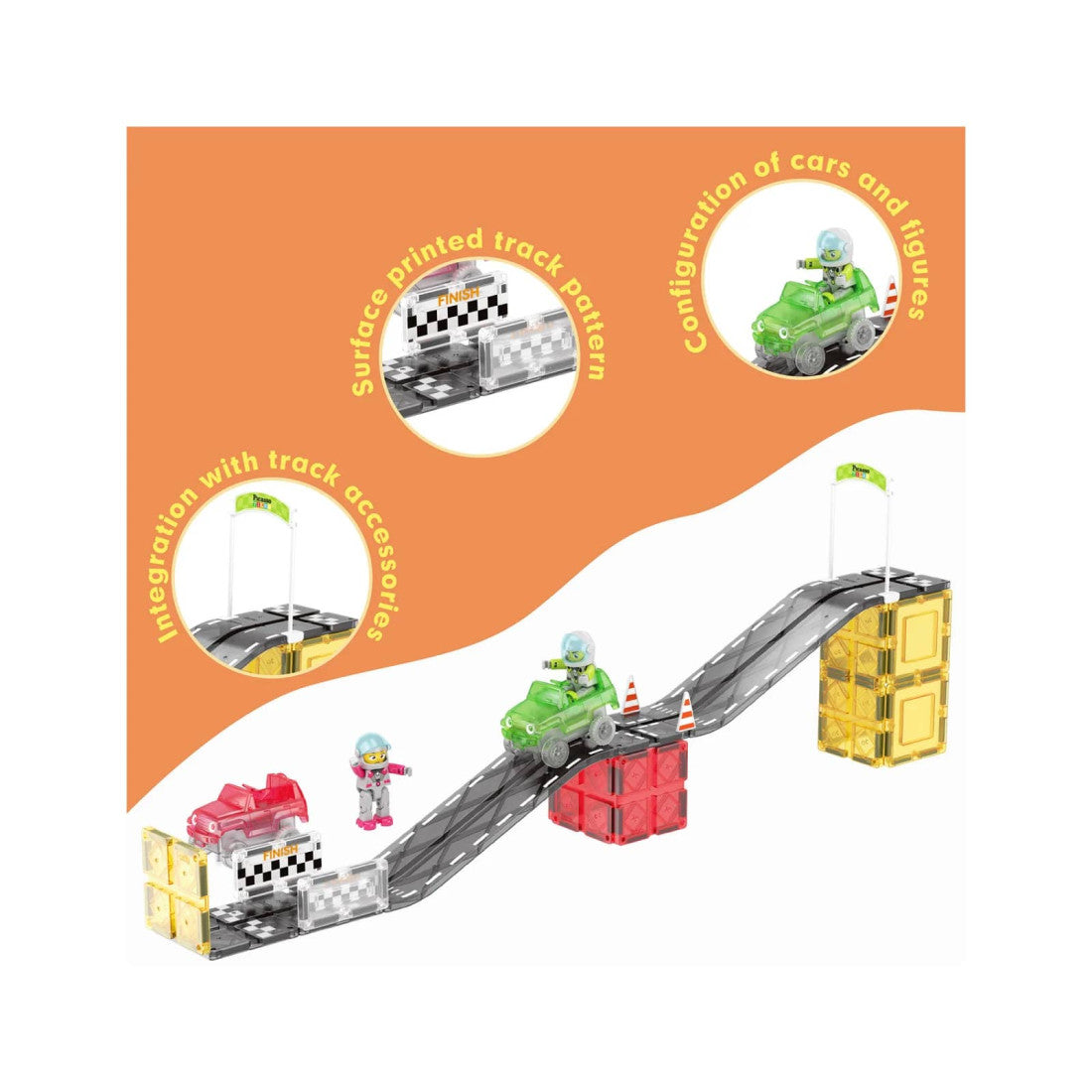 Set PicassoTiles Pistă de curse înclinată - 62 piese magnetice de construcție - conține 2 mașini cu figurine