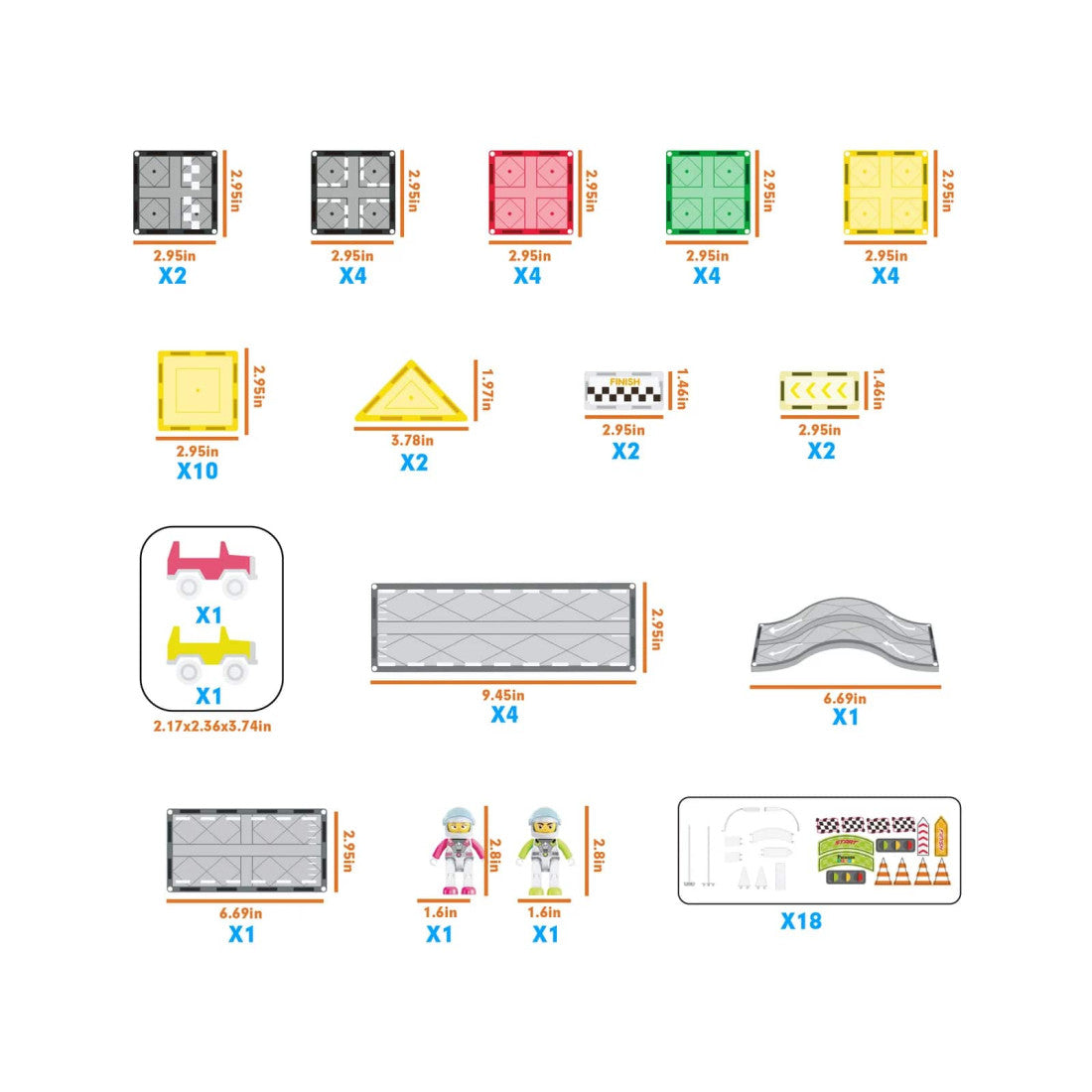 Set PicassoTiles Pistă de curse înclinată - 62 piese magnetice de construcție - conține 2 mașini cu figurine