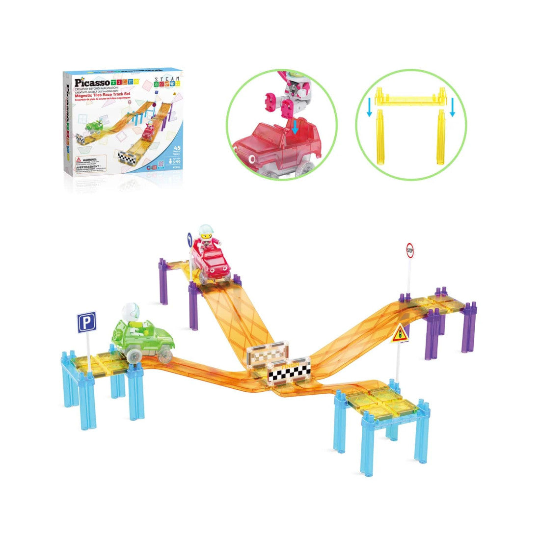 Set PicassoTiles Pistă de curse înclinată - 45 piese magnetice de construcție - conține 2 mașini cu figurine