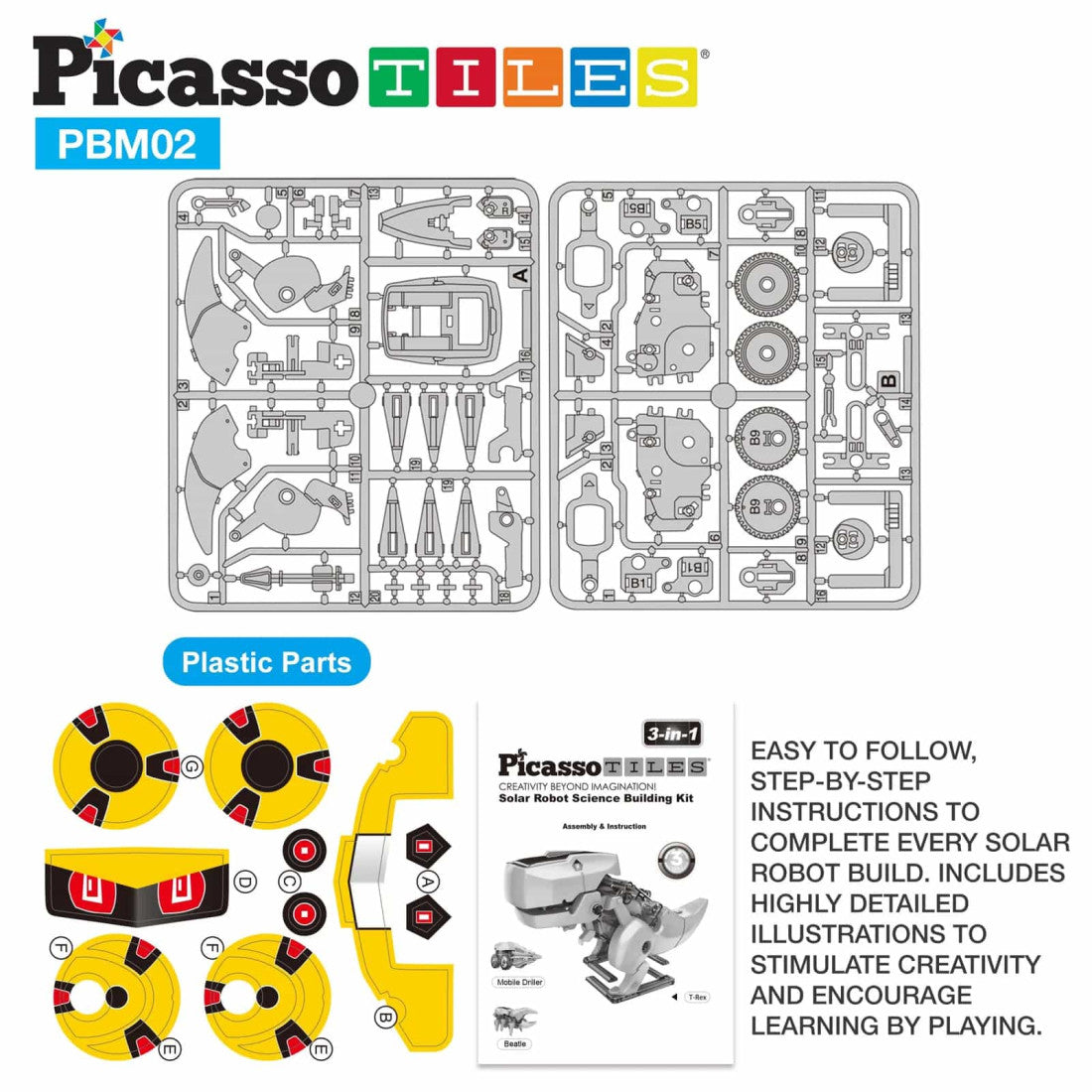 Set PicassoTiles - Kit STEM solar educativ 3-în-1 dinozaur robot