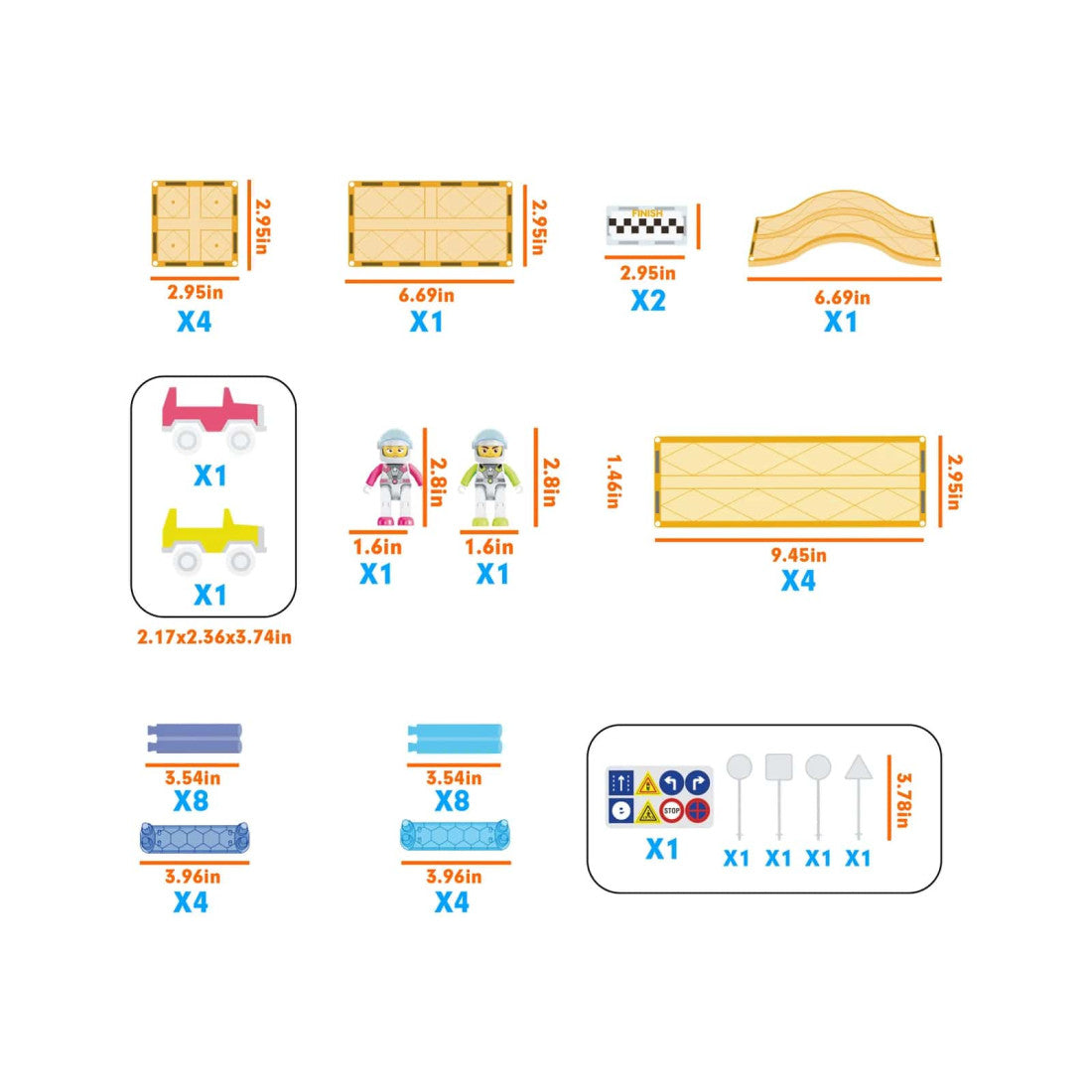 Set PicassoTiles Pistă de curse înclinată - 45 piese magnetice de construcție - conține 2 mașini cu figurine