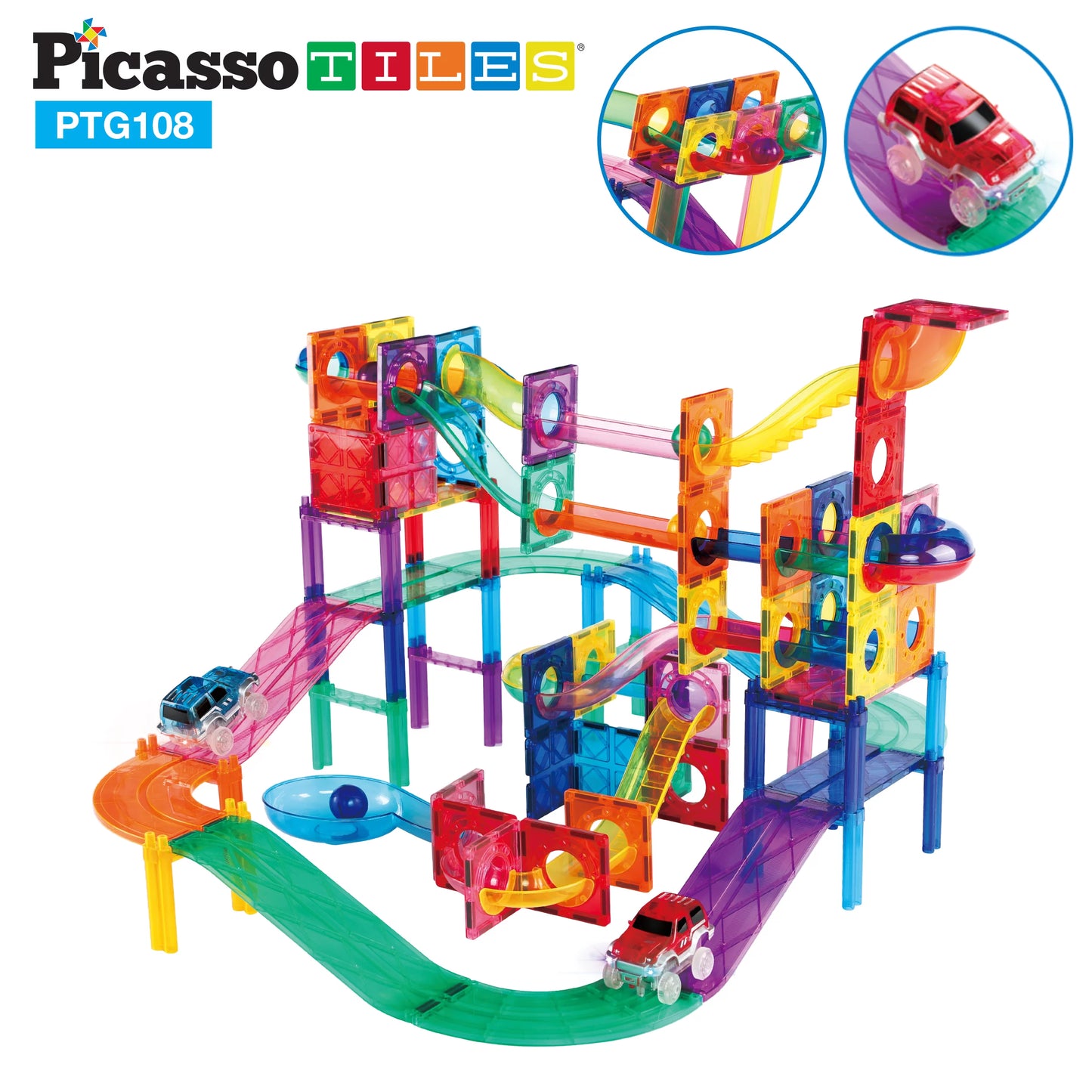 Set PicassoTiles 2-în-1 pistă de mașinuțe și traseu magnetic pentru bile (marble run) - 108 piese