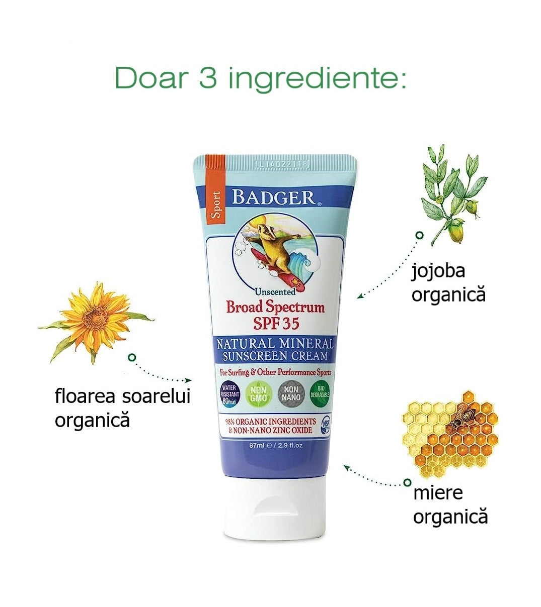 Cremă protecție solară SPF 30 - fără miros - Badger - 87 ml