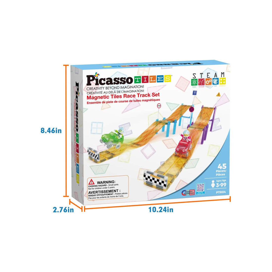 Set PicassoTiles Pistă de curse înclinată - 45 piese magnetice de construcție - conține 2 mașini cu figurine