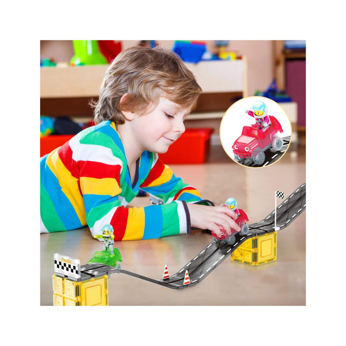 Set PicassoTiles Pistă de curse înclinată - 62 piese magnetice de construcție - conține 2 mașini cu figurine