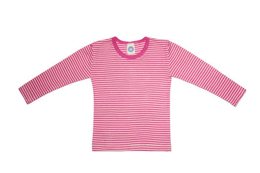 Bluză cu mânecă lungă din lână organică și mătase, dungi roz - Cosilana