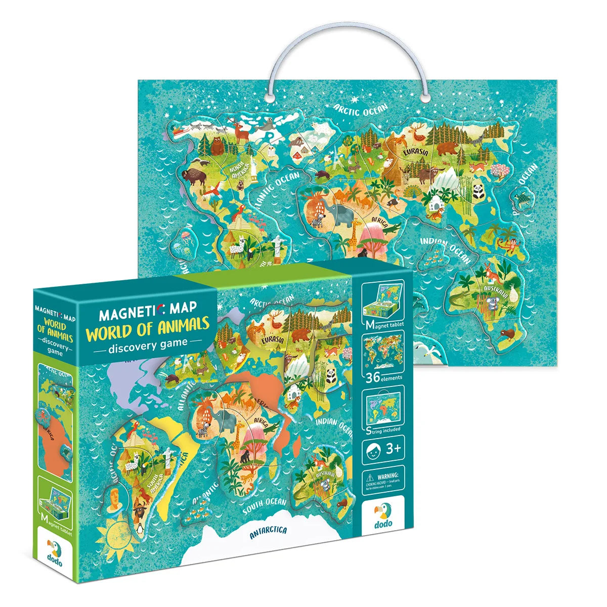 Puzzle magnetic Harta Lumii cu Animale – 36 piese educative - Dodo Toys