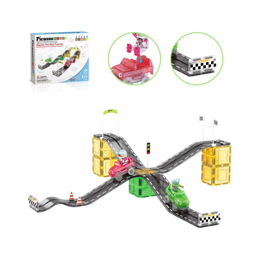 Set PicassoTiles Pistă de curse înclinată - 62 piese magnetice de construcție - conține 2 mașini cu figurine