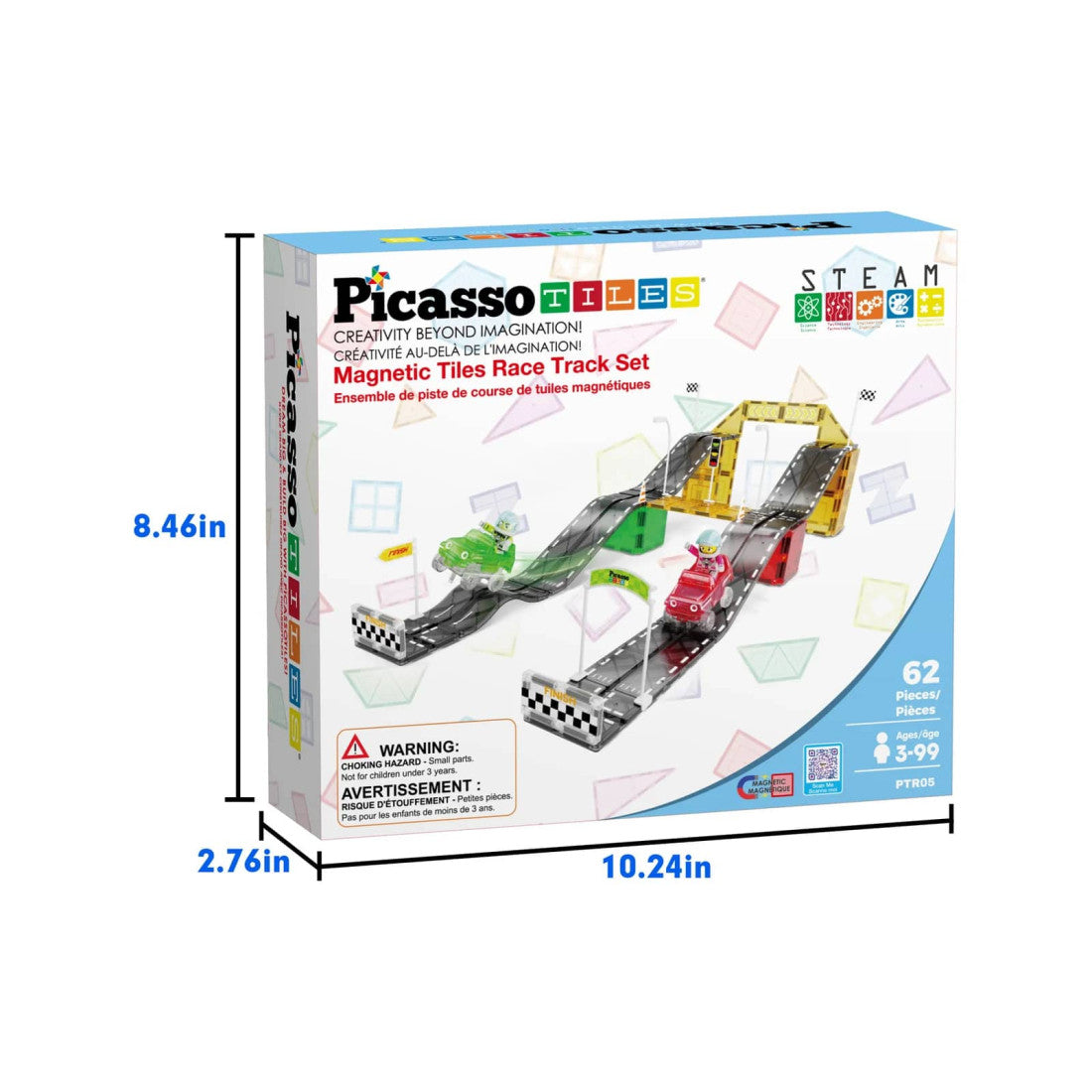 Set PicassoTiles Pistă de curse înclinată - 62 piese magnetice de construcție - conține 2 mașini cu figurine