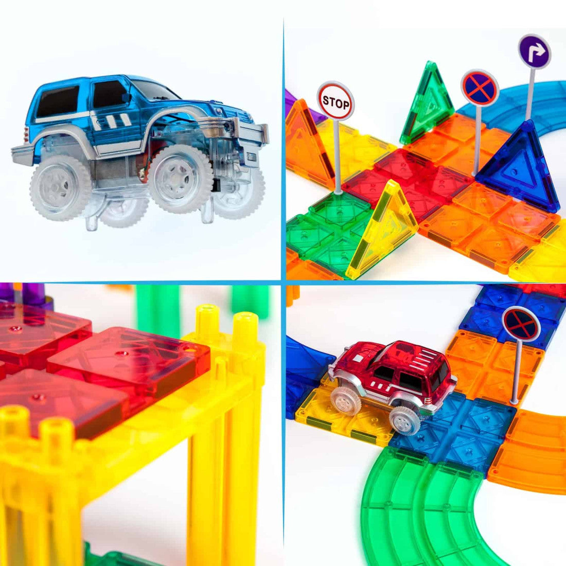 Set PicassoTiles Pistă de curse - 81 piese magnetice de construcție - conține 2 mașini cu LED-uri