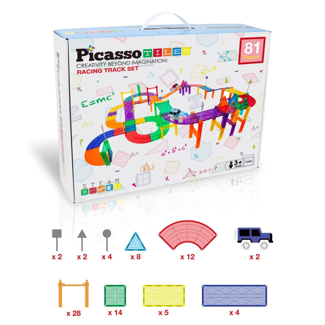 Set PicassoTiles Pistă de curse - 81 piese magnetice de construcție - conține 2 mașini cu LED-uri