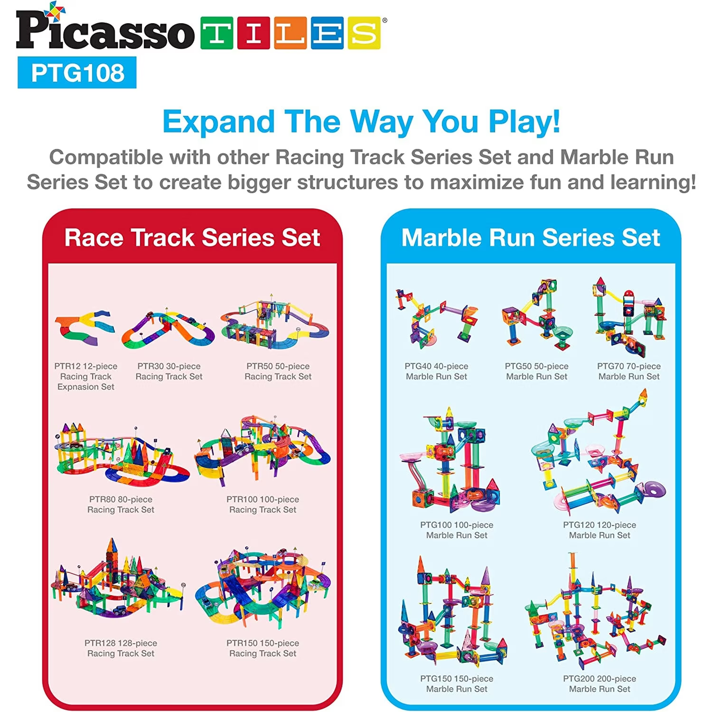 Set PicassoTiles 2-în-1 pistă de mașinuțe și traseu magnetic pentru bile (marble run) - 108 piese