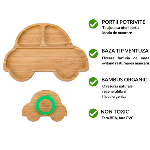 Farfurie mașinuță din bambus organic cu bază tip ventuză Oaki, galben