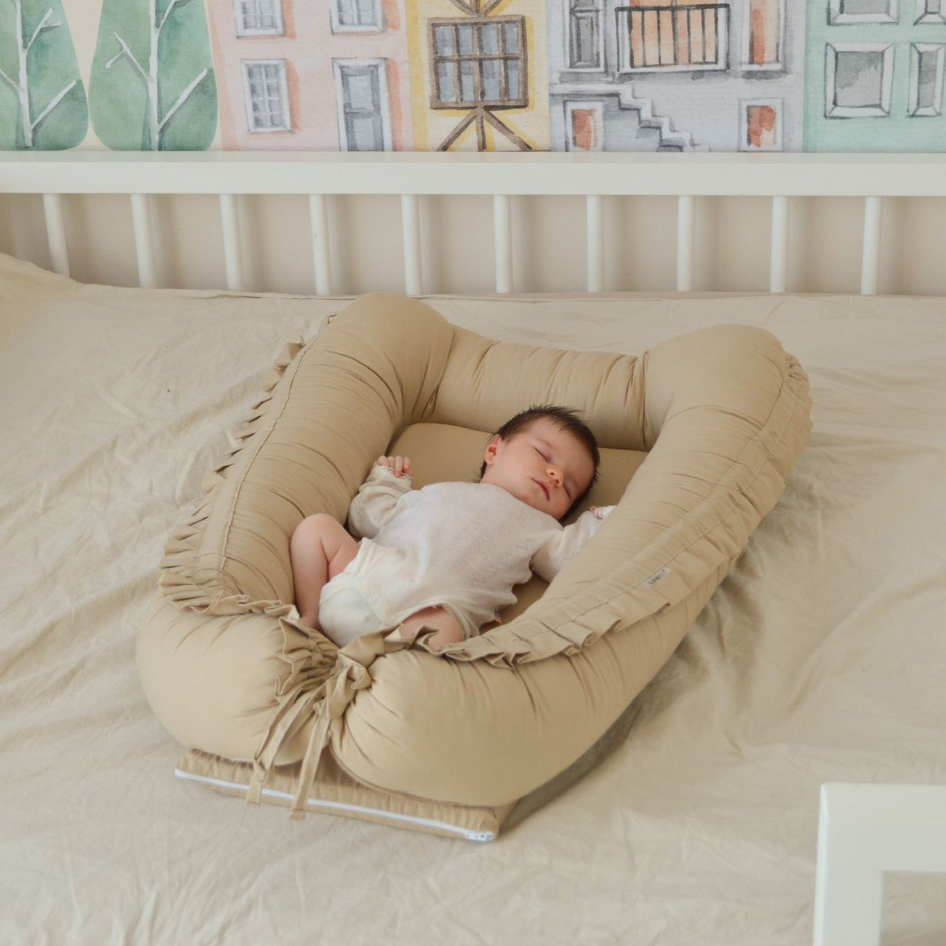 Baby Nest Bej cu Volănașe - Twindeco - Beige Cotton Flower