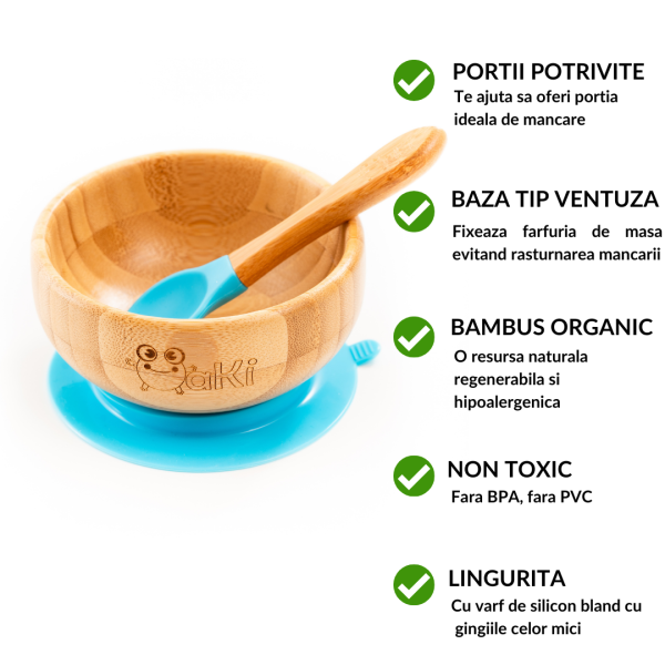 Set castron și linguriță din bambus organic Oaki - Albastru