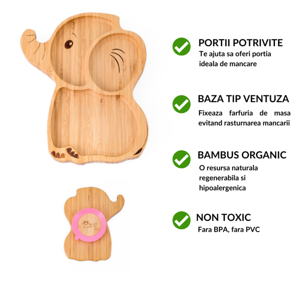 Farfurie elefant din bambus organic cu bază tip ventuză Oaki, albastru