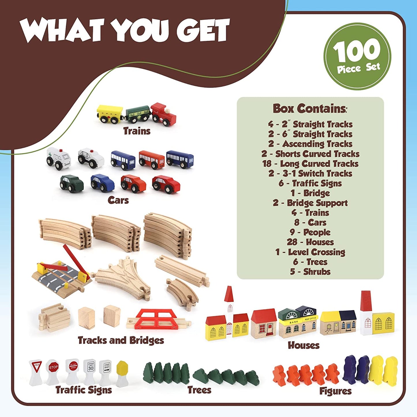 Traseu din lemn pentru trenulețe Playmags PlayBuild 100 piese