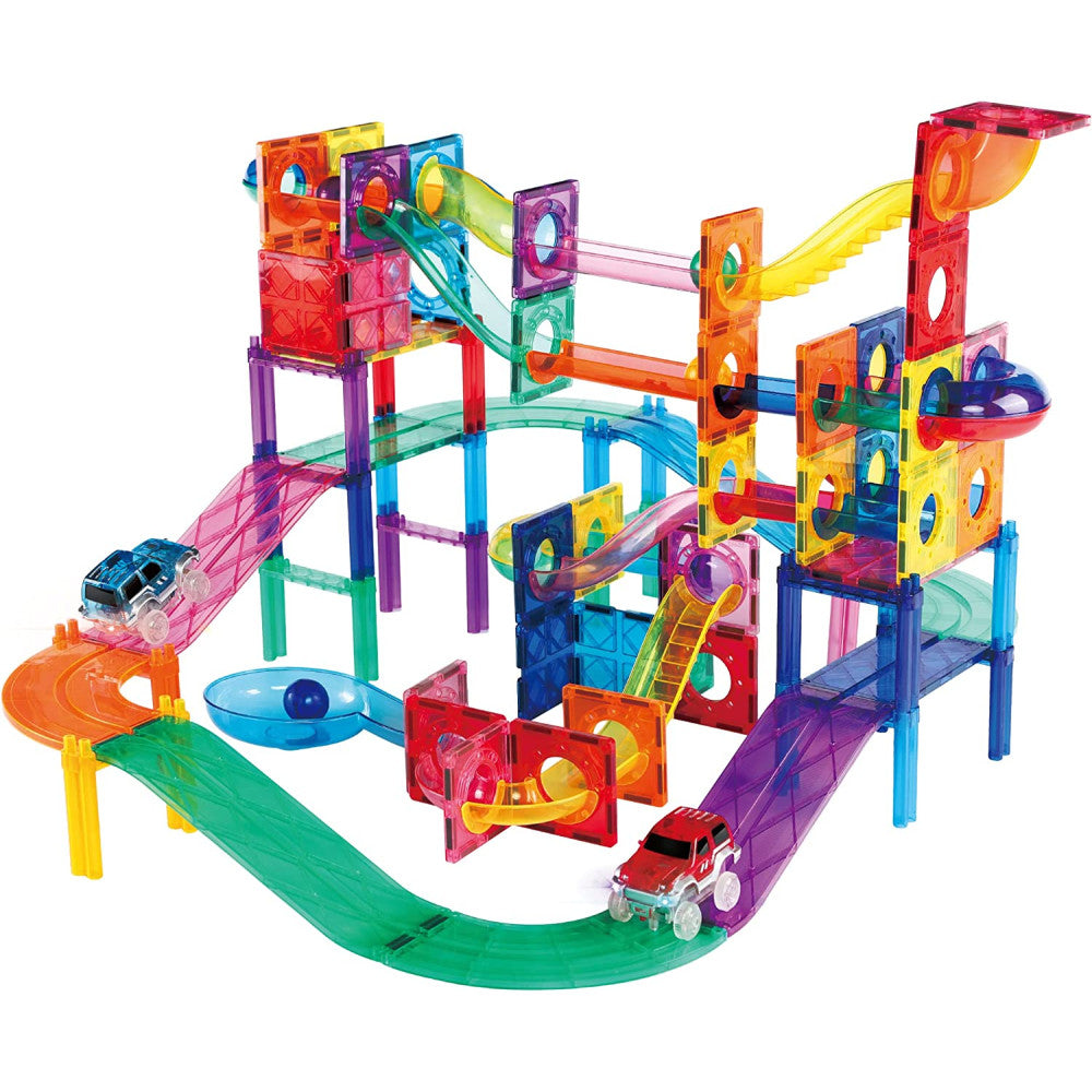 Set PicassoTiles 2-în-1 pistă de mașinuțe și traseu magnetic pentru bile (marble run) - 108 piese