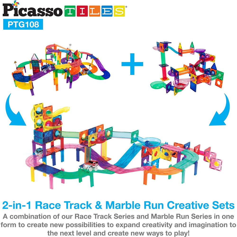 Set PicassoTiles 2-în-1 pistă de mașinuțe și traseu magnetic pentru bile (marble run) - 108 piese