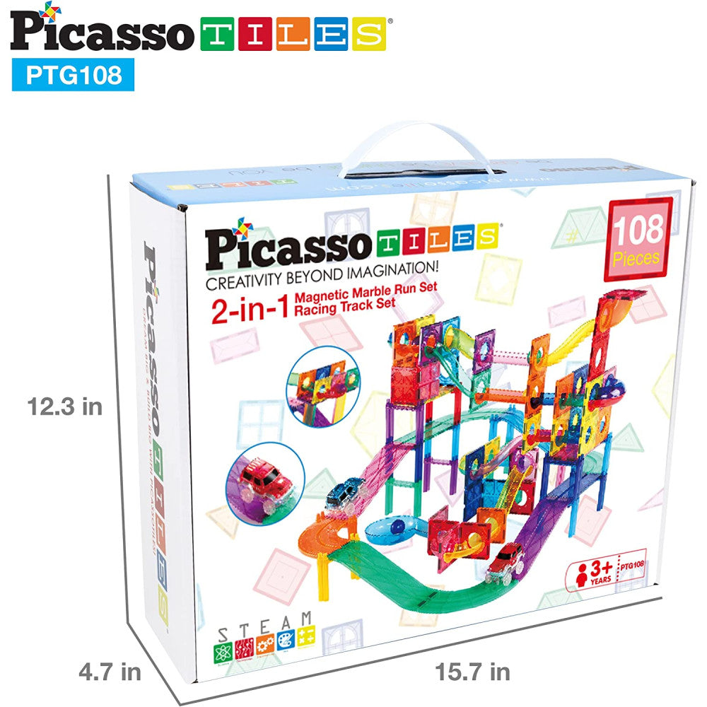 Set PicassoTiles 2-în-1 pistă de mașinuțe și traseu magnetic pentru bile (marble run) - 108 piese