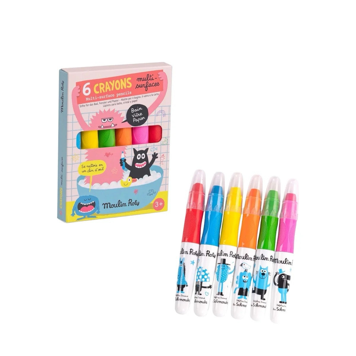 Set 6 creioane multi-suprafețe neon – Moulin Roty
