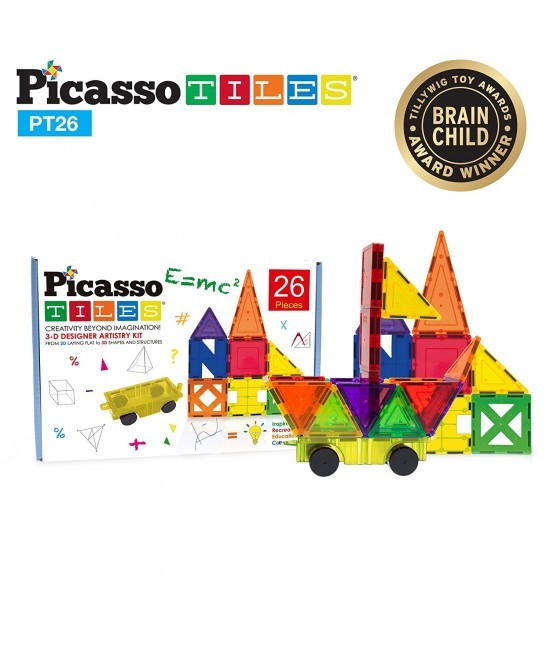Set PicassoTiles Inspirațional - 26 piese magnetice de construcție colorate + 9 forme diferite
