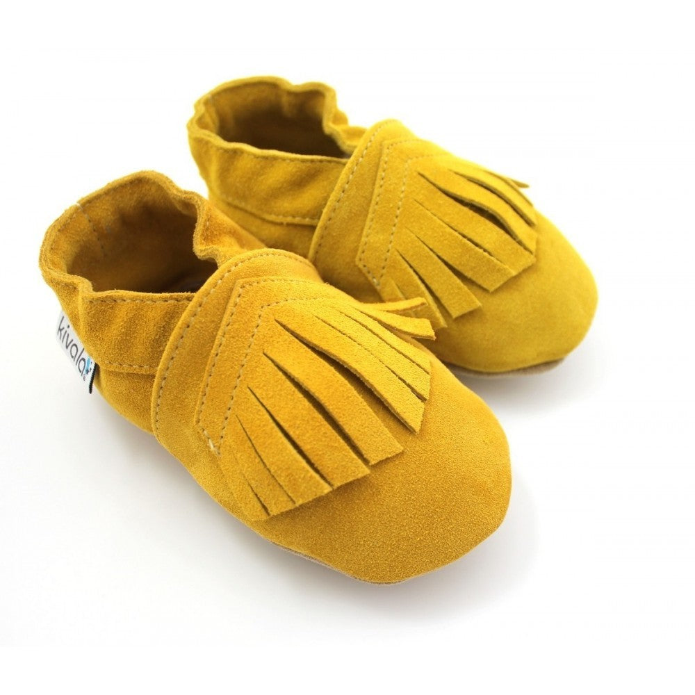 Papucei din piele întoarsă cu franjuri Kivala - Mustard