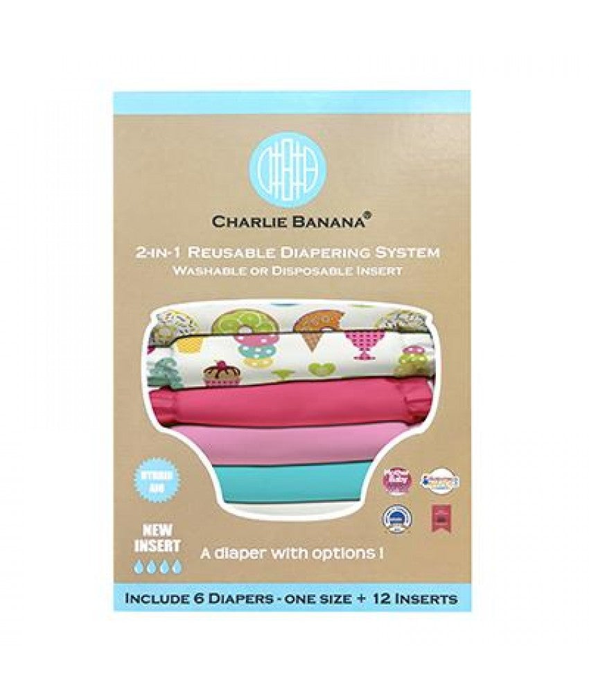 Set 6 Scutece Textile Charlie Banana Dessert Cu Inserturi Noi Cu Fleece (Scutece Hibrid, Cu Buzunar Sau AI2)