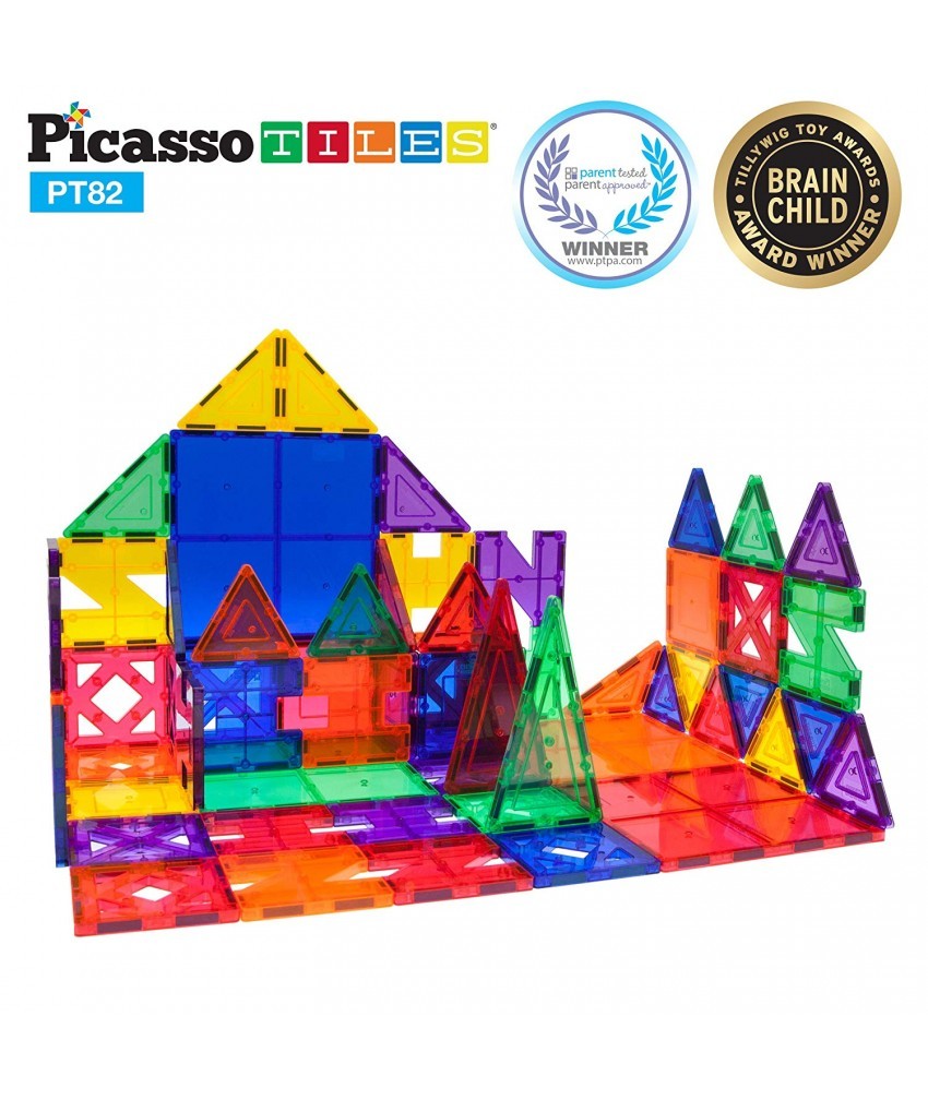 Set PicassoTiles Creativitate - 82 piese magnetice ce construcție colorate - 10 forme diferite