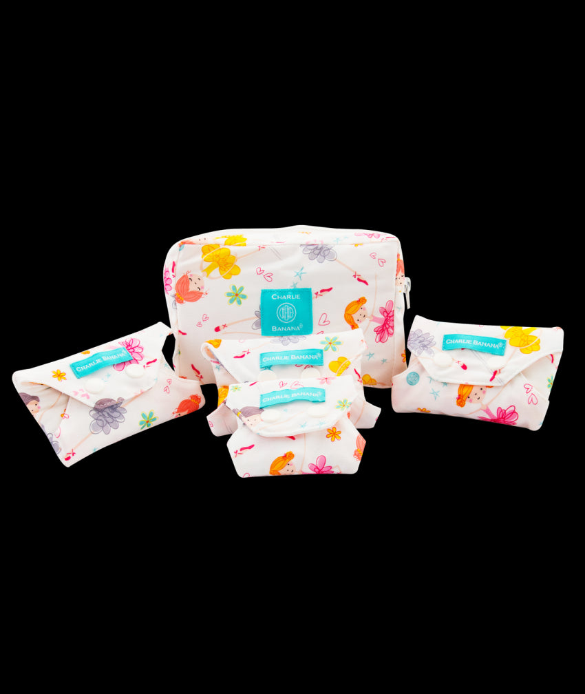 Set 4 absorbante intime feminine lavabile Charlie Banana Diva Ballerina de diferite dimensiuni (Liner, Regular, Super, Super+)