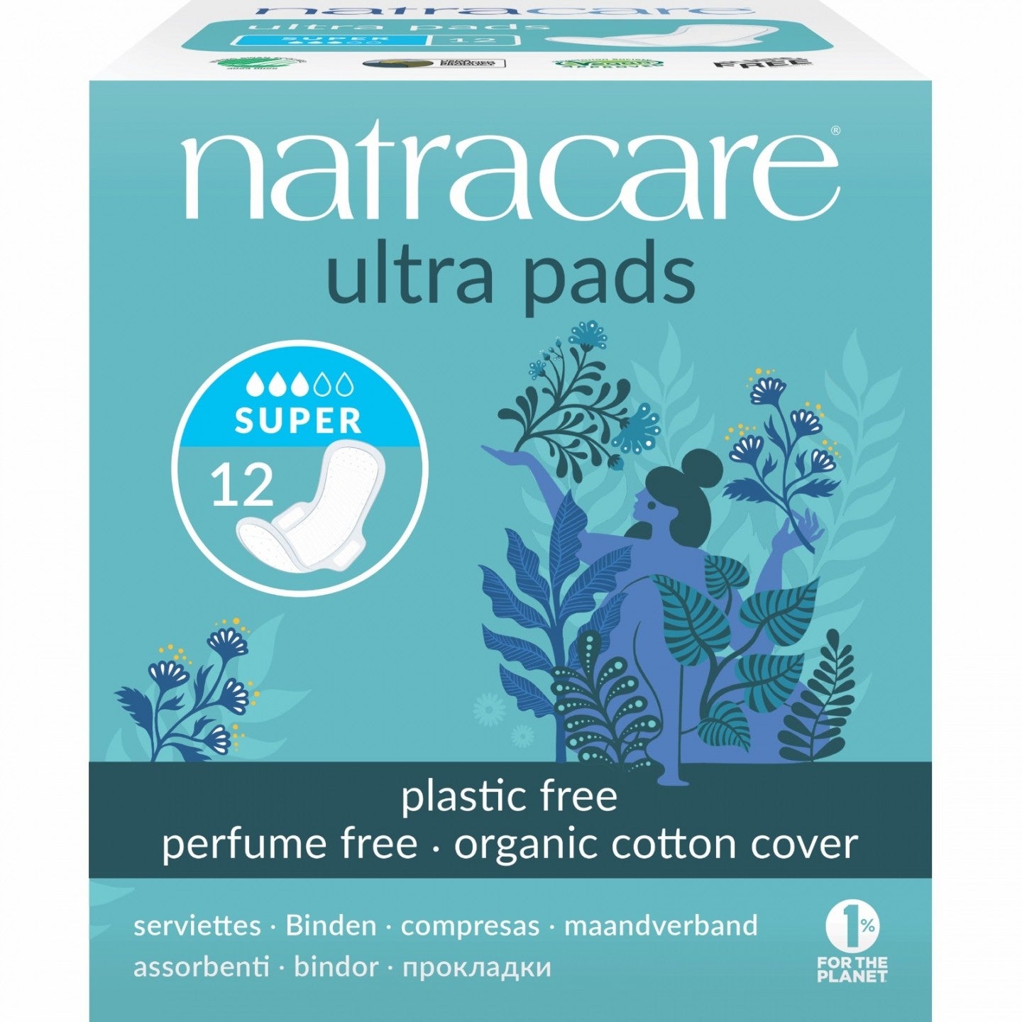 Absorbante bio Natracare - Super cu aripioare (3 picaturi), 12 buc