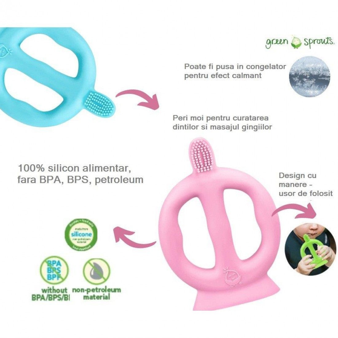 Periuță de dinți cu peri din silicon și mânere - Green Sprouts - Green