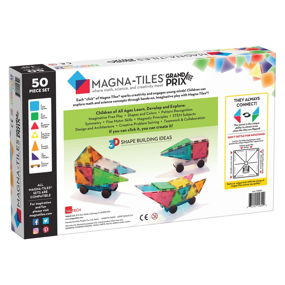 MAGNA-TILES Grand Prix, set magnetic 50 de piese cu mașinuțe