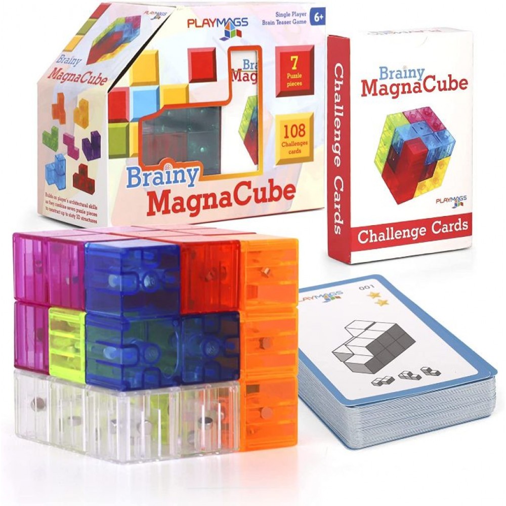 Cub puzzle inteligent Playmags cu cartonașe de provocări - jucărie educativă magnetică Brainy MagnaCube