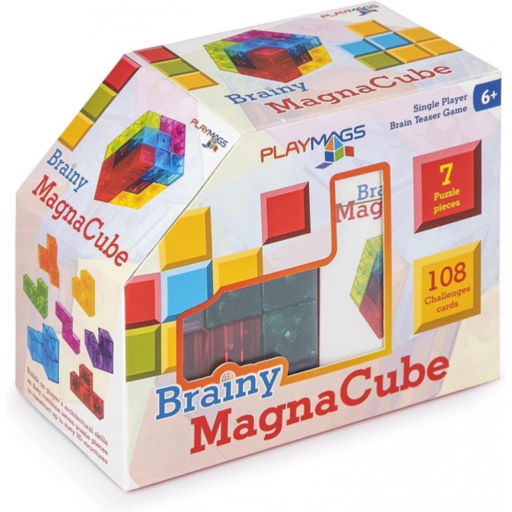 Cub puzzle inteligent Playmags cu cartonașe de provocări - jucărie educativă magnetică Brainy MagnaCube
