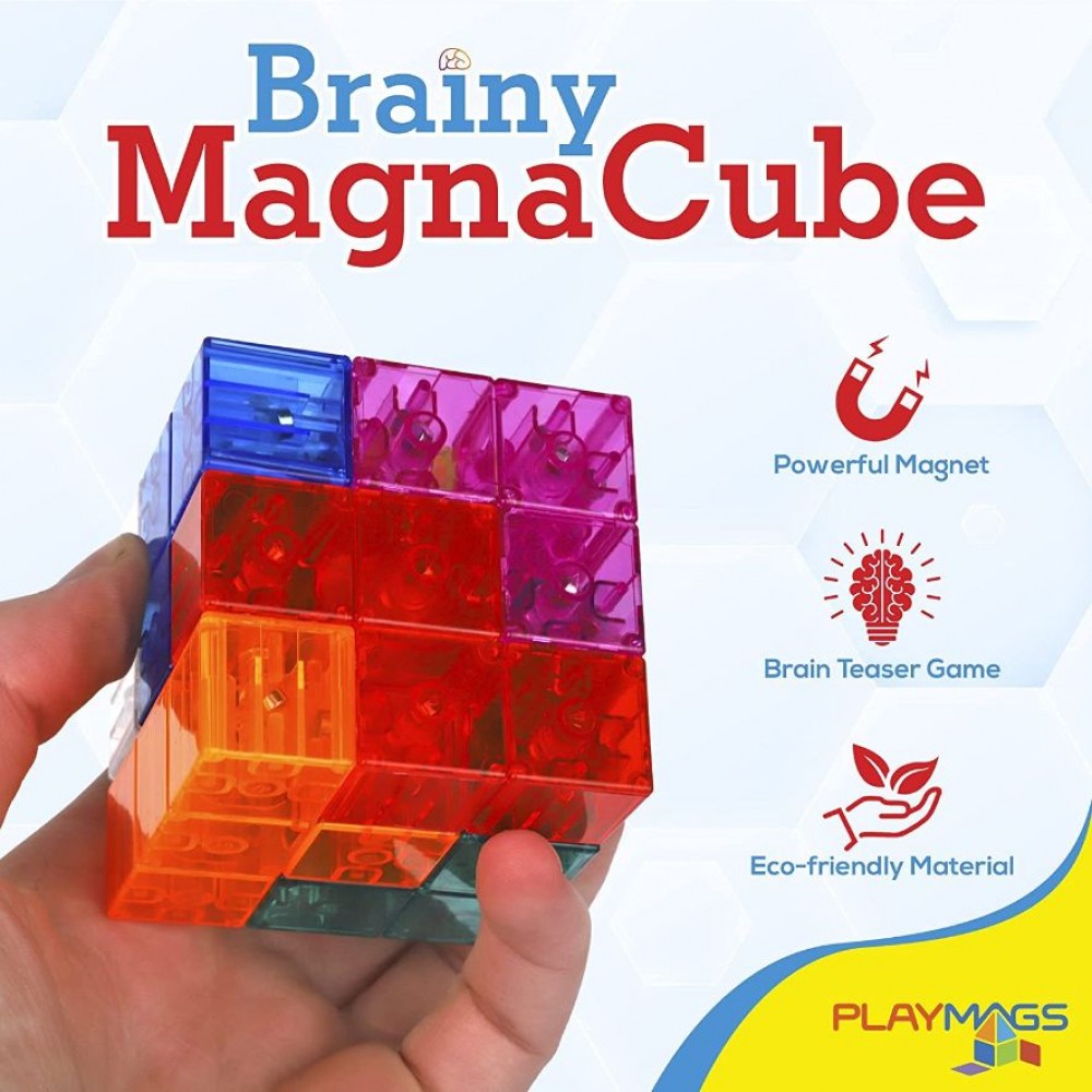 Cub puzzle inteligent Playmags cu cartonașe de provocări - jucărie educativă magnetică Brainy MagnaCube
