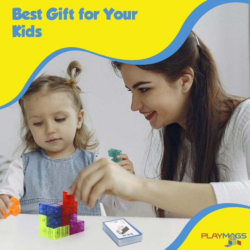 Cub puzzle inteligent Playmags cu cartonașe de provocări - jucărie educativă magnetică Brainy MagnaCube