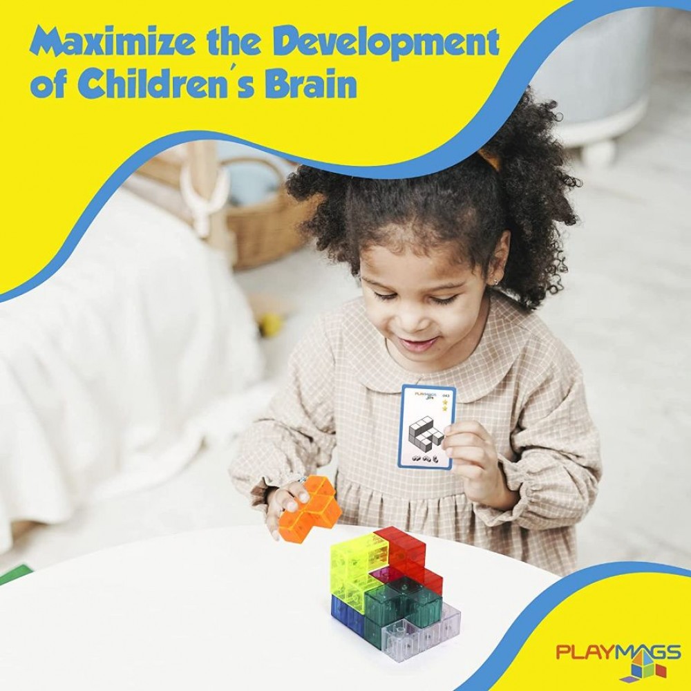 Cub puzzle inteligent Playmags cu cartonașe de provocări - jucărie educativă magnetică Brainy MagnaCube