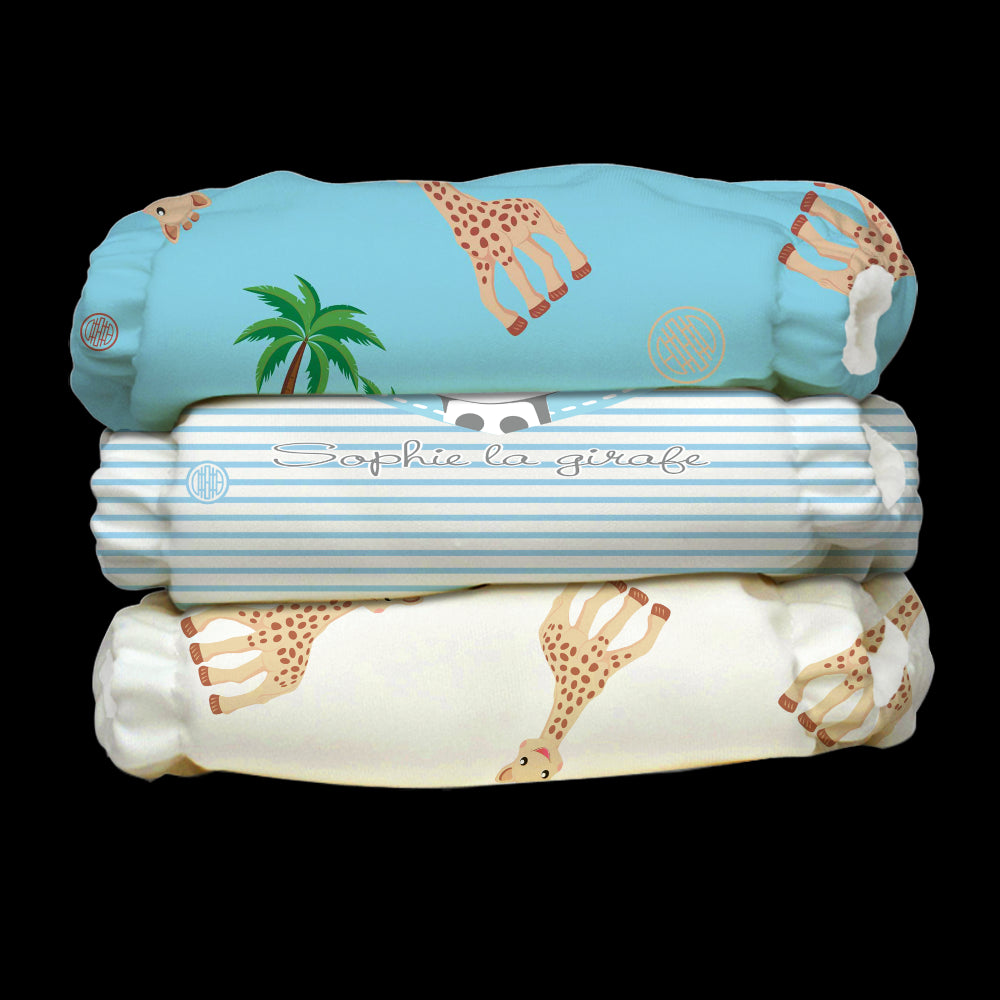 Set 3 scutece textile Charlie Banana Blue Sophie organic cu inserturi de cânepă cu fleece (Scutece Hibrid, cu buzunar sau AI2)