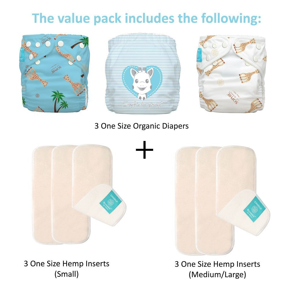 Set 3 scutece textile Charlie Banana Blue Sophie organic cu inserturi de cânepă cu fleece (Scutece Hibrid, cu buzunar sau AI2)