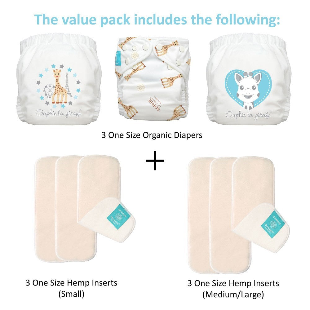 Set 3 scutece textile Charlie Banana Classic Sophie organic cu inserturi de cânepă cu fleece (Hibrid, cu buzunar sau AI2)