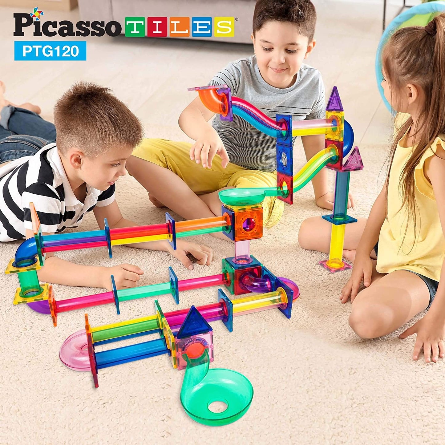 Set PicassoTiles Traseu Magnetic Pentru Bile (Marble Run) - 120 De Piese