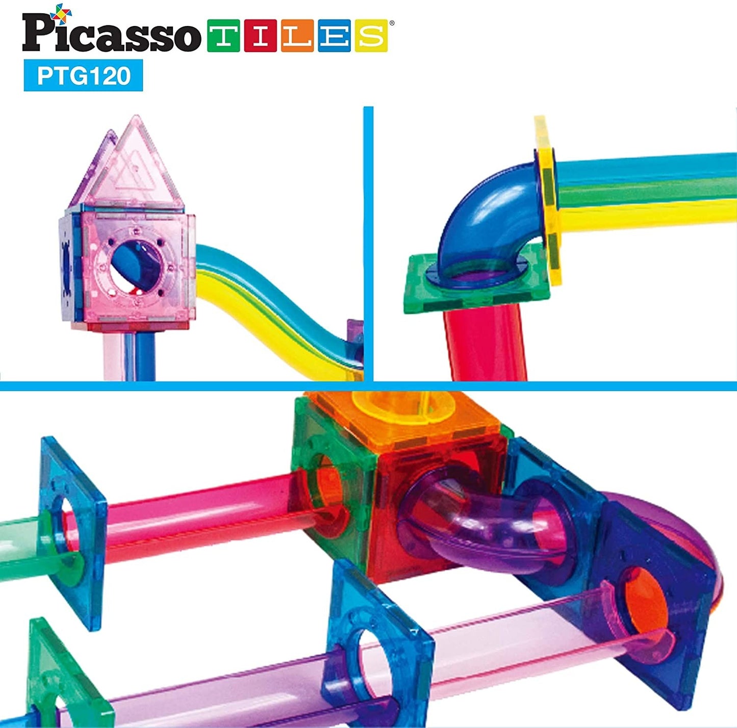 Set PicassoTiles Traseu magnetic pentru bile (marble run) - 120 de piese