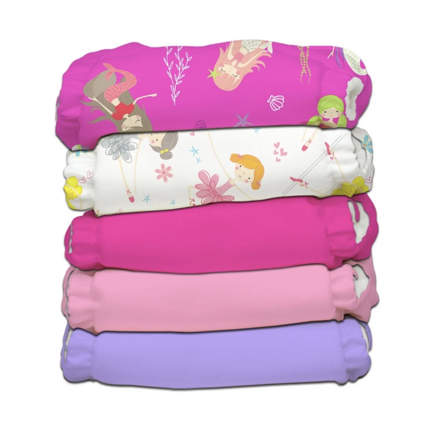 Set 5 Scutece Textile Charlie Banana My First Mermaid Cu Inserturi Cu Fleece (Scutece Hibrid, Cu Buzunar Sau AI2) - Mărime Unică