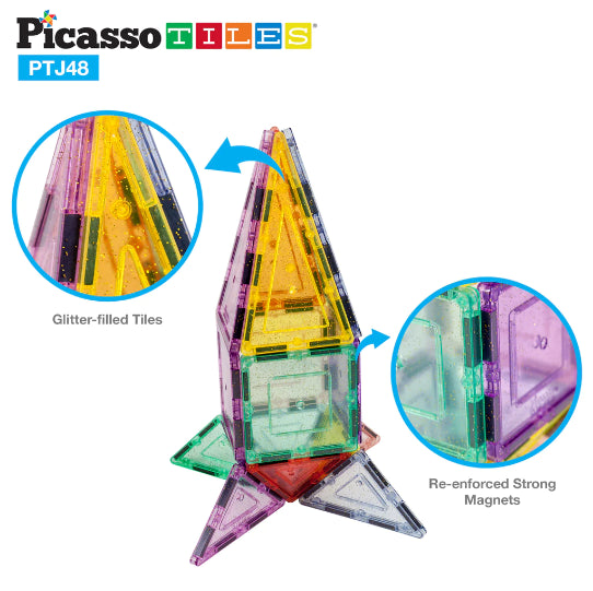 Set PicassoTiles 48 Piese Magnetice De Construcție Pastel Cu Sclipici