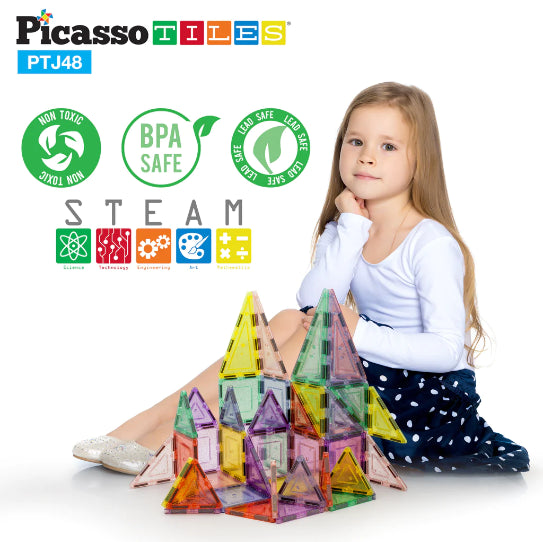 Set PicassoTiles 48 Piese Magnetice De Construcție Pastel Cu Sclipici