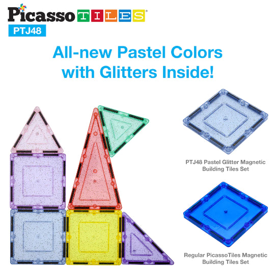 Set PicassoTiles 48 Piese Magnetice De Construcție Pastel Cu Sclipici