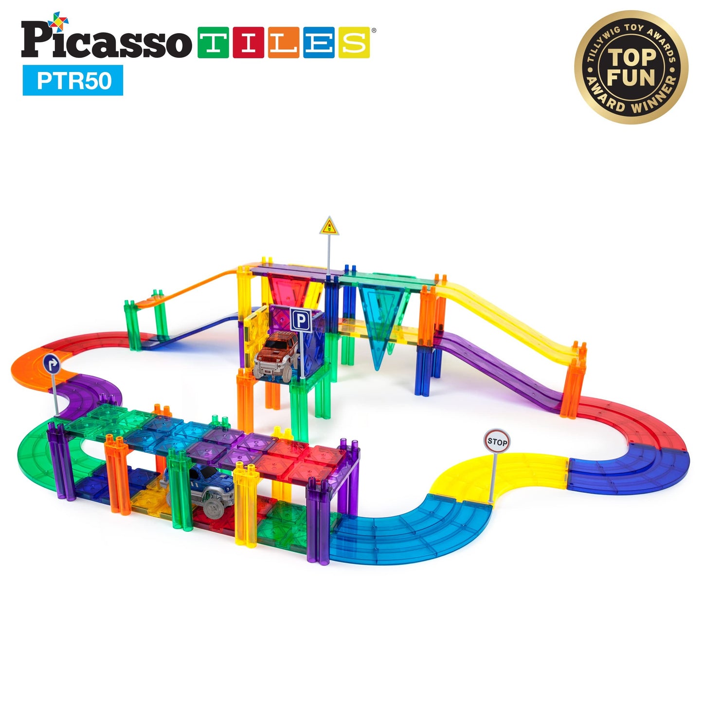 Set PicassoTiles Pistă de curse - 50 piese magnetice de construcție - conține 2 mașini cu LED-Uri