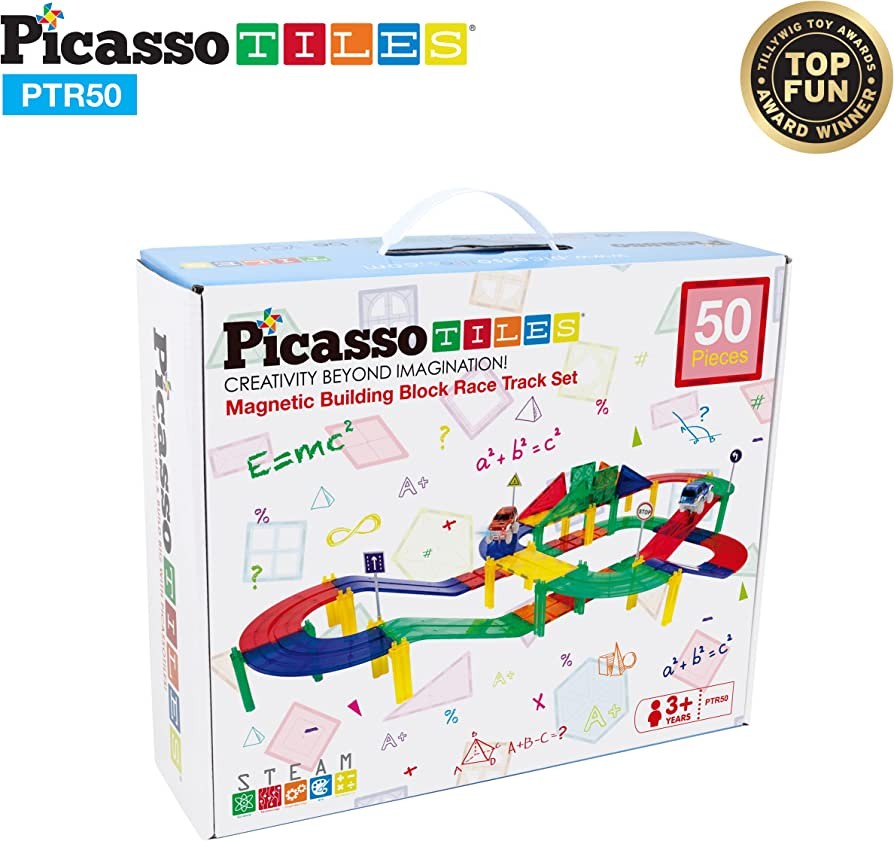 Set PicassoTiles Pistă de curse - 50 piese magnetice de construcție - conține 2 mașini cu LED-Uri