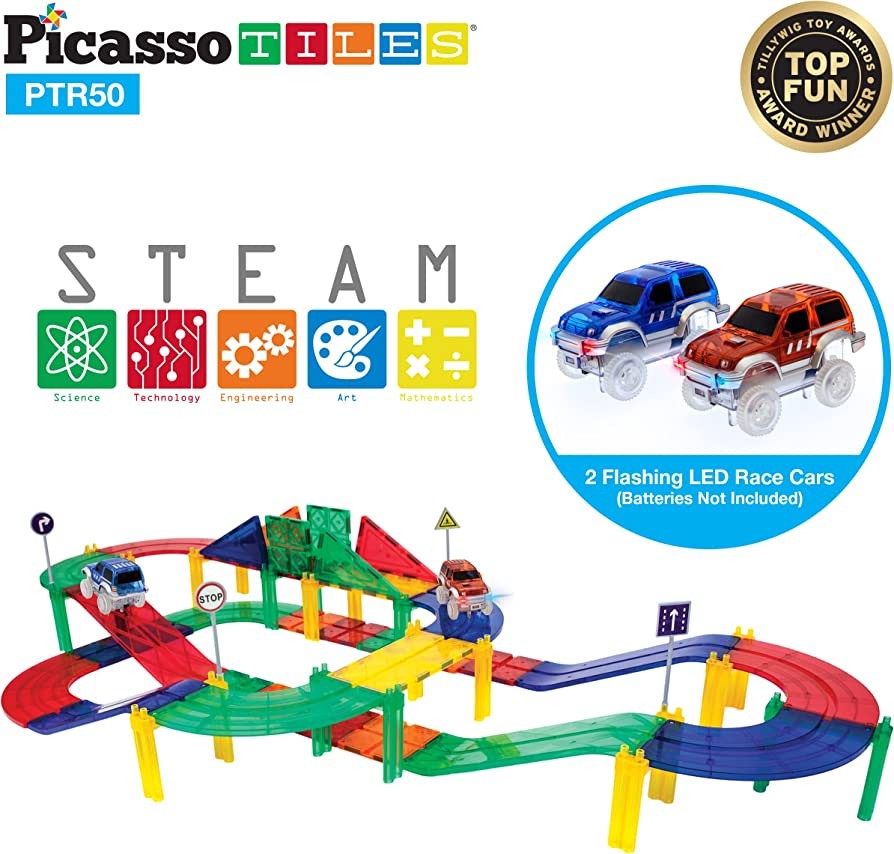 Set PicassoTiles Pistă de curse - 50 piese magnetice de construcție - conține 2 mașini cu LED-Uri